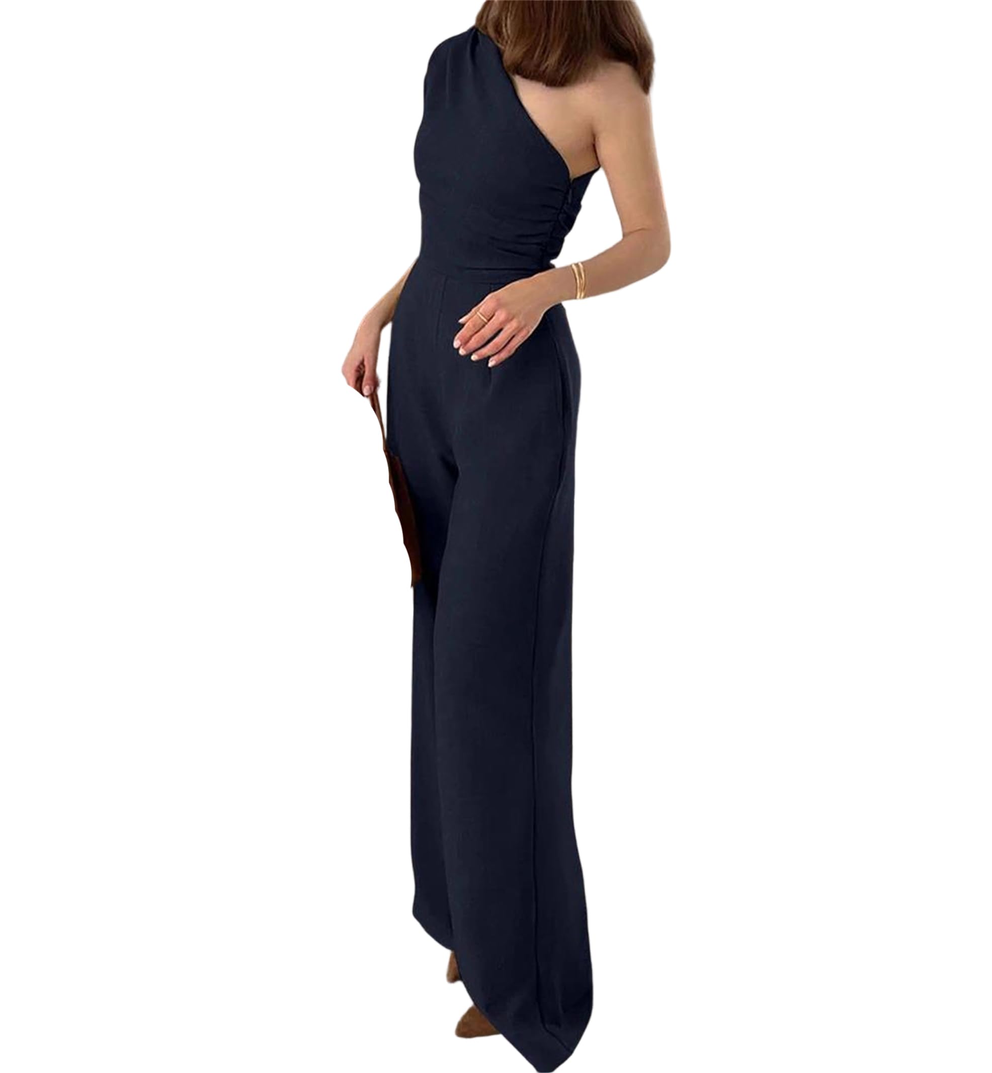 Yeuyyben Overol de mujer con cuello oblicuo, sin mangas, pierna ancha, casual, ajustado, elegante, para fiesta de verano