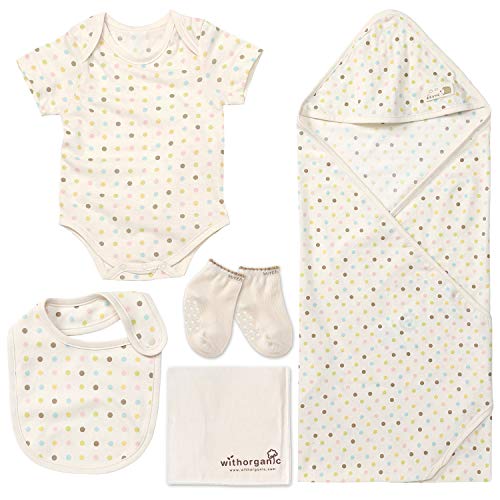 WithOrganic Premium Newborn Layette Gift Set - 5 Pieces | 100% Certified Organic Cotton for Baby Boy or Girl_ Pastel Dot