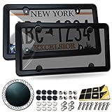 BGGTMO License Plate Covers Frames 2 Set, Tinted Smoked Bubble Front and Rear Plate Protectors- Black Plastic Car Tag Holder & Unbreakable Novelty Shield with Screws Caps