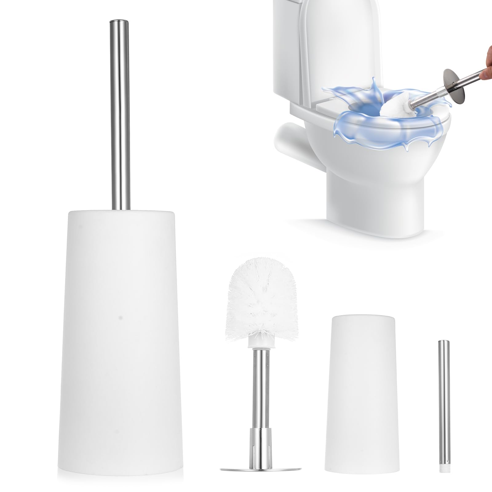 Freestanding Toilet Brush and Holder Set, White Silicone Soft Loo Brush with Stainless Steel Handle, Hygienic Quick-Drying Bathroom Toilet Brushes Set for Home Hotel Office Cleaning