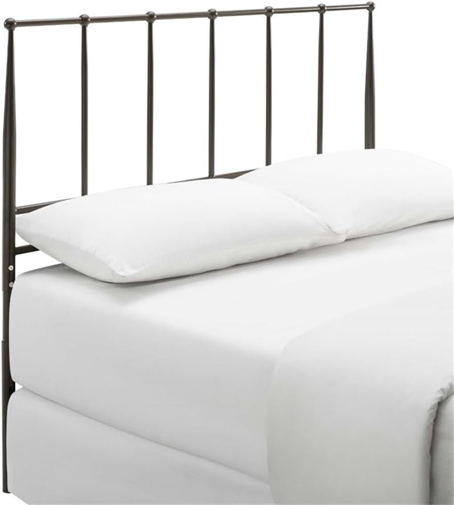 Pemberly Row Queen Metal Headboard, Adjustable 39-48 in Height, Brown Finish, Stainless Steel Frame, Rustic Farmhouse Style with Vintage Finial Ornaments for Bedroom Decor