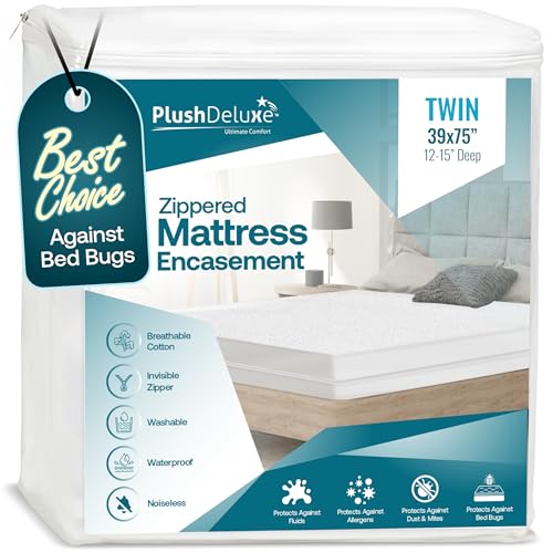 PlushDeluxe Twin Size Premium Mattress Encasement - Zippered Waterproof, Bedbug Proof Design, 6-Sided Protection - Hypoallergenic Cotton Terry Fabric 12-15