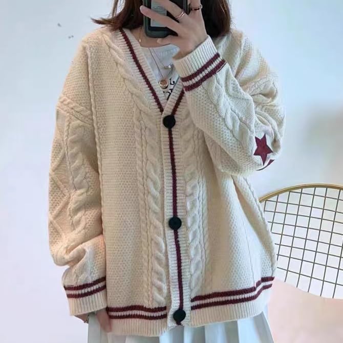 Women's Cardigan Star Embroidery Knit Open Front Cardigan V Neck Long Sleeve Oversized Button Sweater Coat Outwear - Image 2