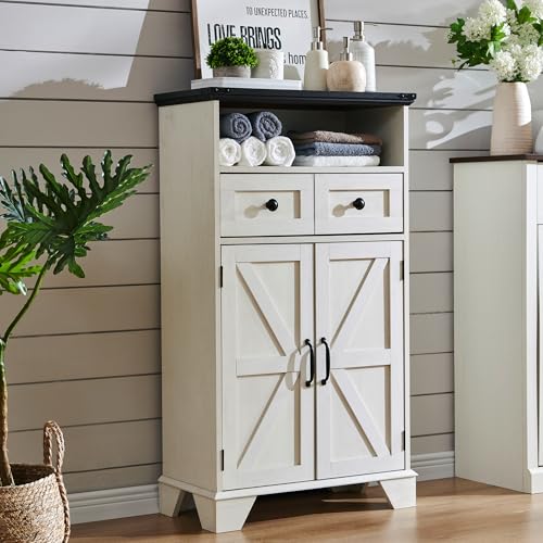Bathroom Floor Cabinet Farmhouse Bathroom Storage Cabinet 24 Wide Bathroom Cabinet with Drawer Adjustable Shelf Barn Doors Cabinet for Bathroom Kitchen Living Room Off White