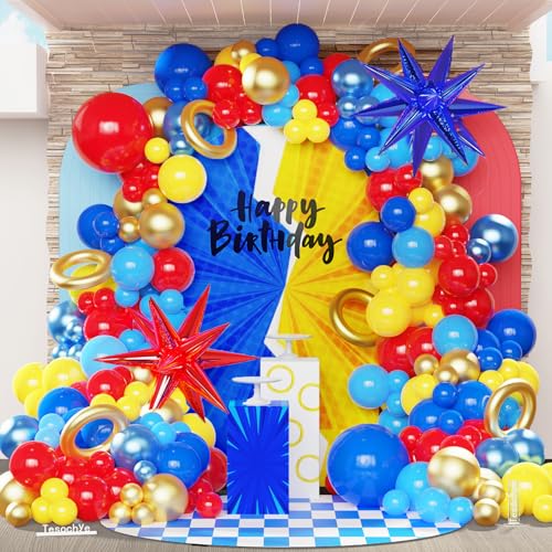 Image of 142 Pcs Red Blue Yellow Cartoon Hedgehog Balloon Arch Kit,Gold Circle Twisting Balloons with Exploding Star Foil Balloons for Video Game Theme Birthday Party Carnival Circus Baby Shower Decorations