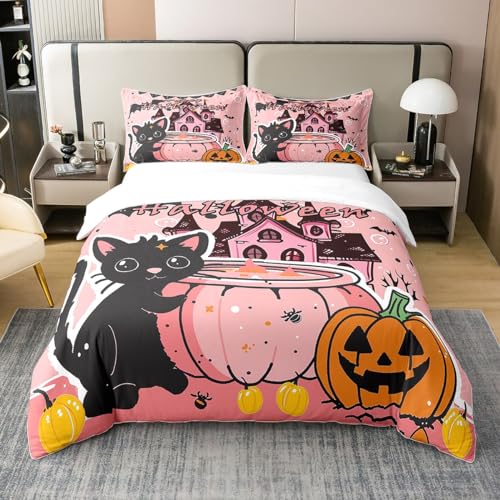 Halloween Castle Cotton Duvet Cover,Wild Cat Pumpink Cartoon Bats Breathable Comforter Cover (Not Comforter),Cute Halloween Cartoon Graffiti Boys Girls Comforter Cover 3 Pcs with 2 Pillowcases Full