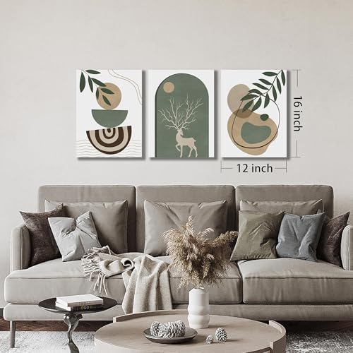 Image of Boho Sun Canvas Wall Art Set of 3, Neutral Abstract Minimalismt Bohemian Geometric & Botanical Plants Pictures Prints Artwork Paintings Wall Decor for Bedroom Living Room Home Decoration 12x16 inches