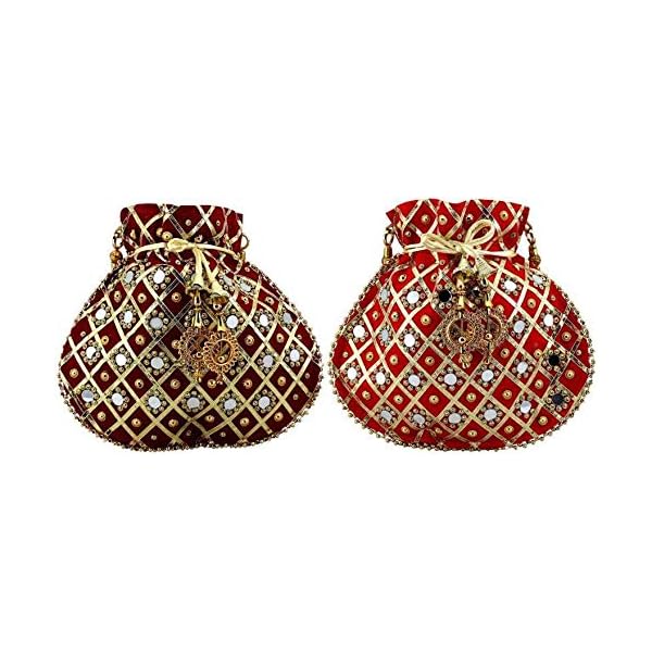 Lookingfab Presents Women's Rajasthani Style Silk Potli Velvet with Gota Patti Purse Handbag (Red, Maroon)