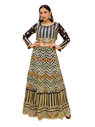 Lehenga Choli bleu marine et multicolore 2472 grand modèle avec dupatta pour femme