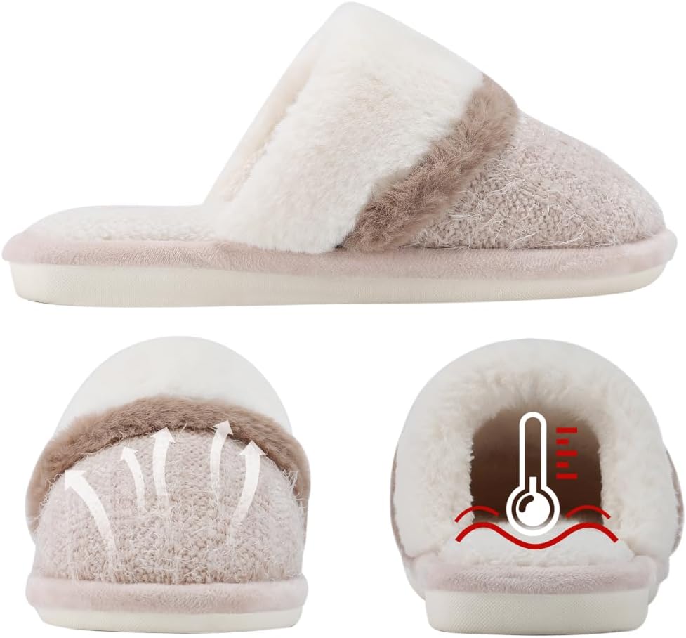 Cozy Slippers for Women Fuzzy House Shoes with Memory Foam Anti-Skid Sole Indoor and Outdoor Gifts for Women Mom Ladies -Beige, 7/8