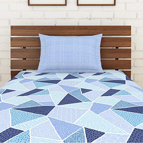 Image of Spaces Atrium 144 TC 100% Cotton Single Bedsheet with 1 Pillow Cover (Geometric, 60 inch X 88 inch Inches) - Serenity, Blue