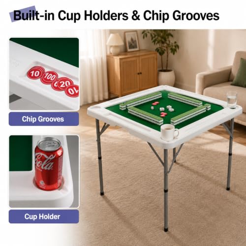 Image of Byliable 34.6 inch Folding Mahjong Table, Portable Game Table with Cup Holders | Foldable design, carry handle, 4 cup holders, 4 storage slots, HDPE tabletop, steel legs, quiet playing mat