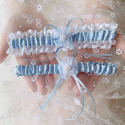 Awocan Wedding Garter Bridal Wedding Dress Flower Lace Elastic Bridal Garters With A Bow, Lace,Blue Bridal Stocking Flower Ornaments (A) #TOP4