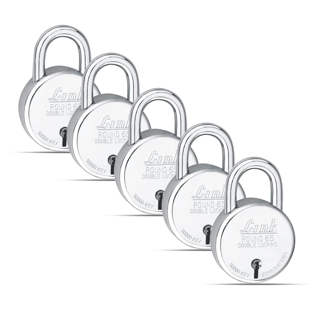 Link® 65mm New Round Padlocks 5Pcs Set | 50,000 Key Combinations | Made in India | Double Locking| Steel Body | Iron Lever | 3 Keys for Each