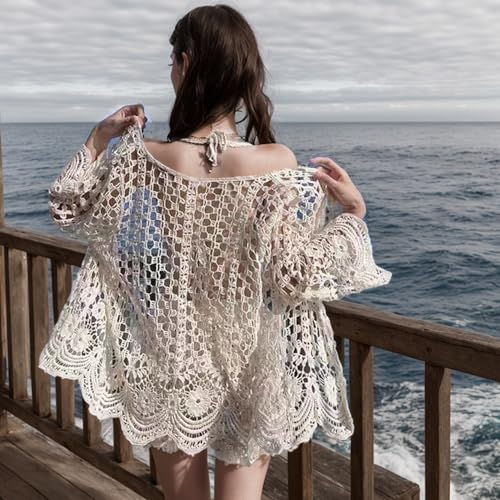 Summer Cardigan for Women, Long Sleeve Crochet Hollow Cardigan, Loose Lightweight Womens Summer Cardigan, Boho Knitted Kimono(One Size) Creamy White4