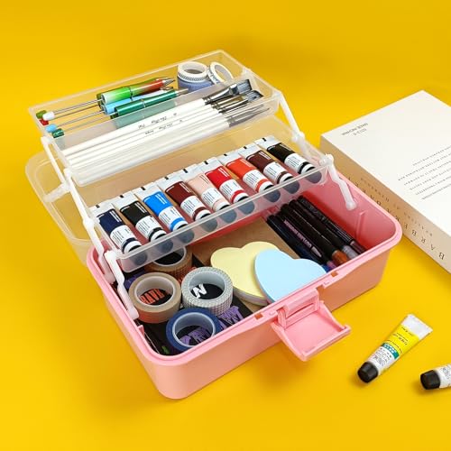 Image of Tackle Box Organizers and Storage,10inch Craft Organizers and Storage,Three-Layer Sewing Box With 2 Trays,Medicine Storage Box With Handle For Nail、Makeup、Diamond Painting、Building Blocks (PINK)