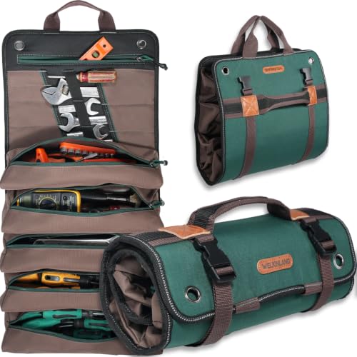 WELKINLAND 15-Pocket Tool Roll – Heavy-Duty, Green-RipStop, 15L Capacity | Easy-Access Roll Up Tool Bag, Fully-Opened Roll Up Tool Pouch, Durable Tool Wrap Roll, Tool Roll Bag Organizer For Mechanic