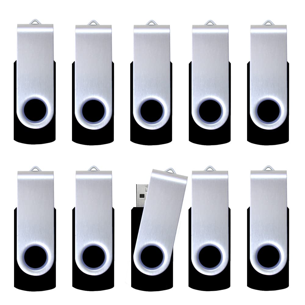 10 Pack Black USB 2.0 Flash Drives of 4GB 8GB 16GB Bulk Thumb Drives 360° Swivel Keychain Design Memory Sticks Pen Drive Data Storage USB Stick (16GB)