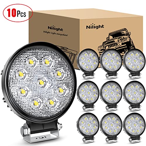 Nilight - 4350385646 Led Light Bar 10 Pack 4.5inch 27w 3000LM Round Flood Light Pod Off Road Fog Driving Roof Bar Bumper for Jeep SUV Truck Hunters