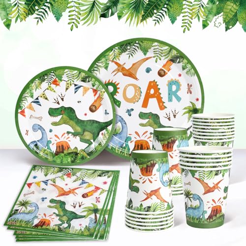 Assiette Jetable Anniversaire Dinosaure, 96pcs Vaisselle Jetable Dino, Assiettes Papier Tasses Serviettes pour Decoration Anniversaire Dinosaure Enfant Garcon,...