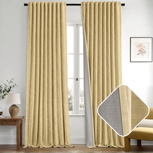 MIULEE Yellow 100% Blackout Linen Curtains 84 Inch 2 Panels Set Double Sided No Coating Pleated Back Tab Black Out Long Thermal Insulated Pinch Pleat Bedroom Living Room Darkening Window Drapes