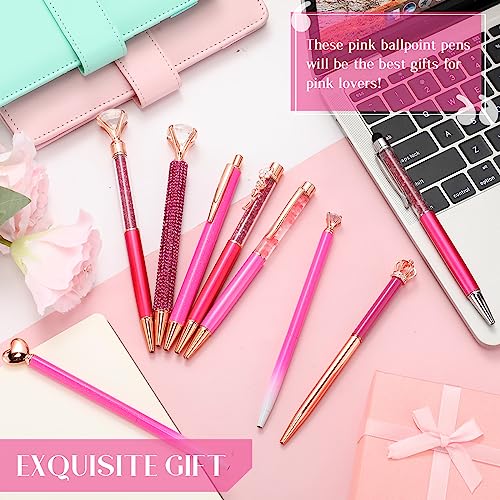 Image of Janmini Metal Crystal Glitter Ballpoint Pen Set 9 Pcs Black Ink Cute Cute Things Novelty Gifts for Women Girls Birthday Home Office (Neon Pink)