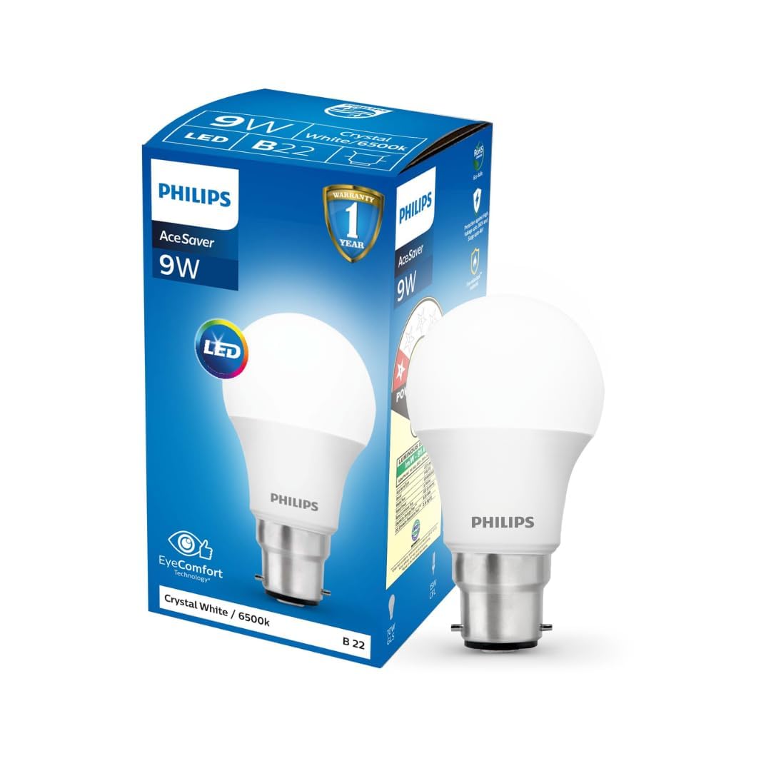Philips Acesaver 9W LED Bulb, Bulb Base : B22, Colour : Crystal White, Pack of 48