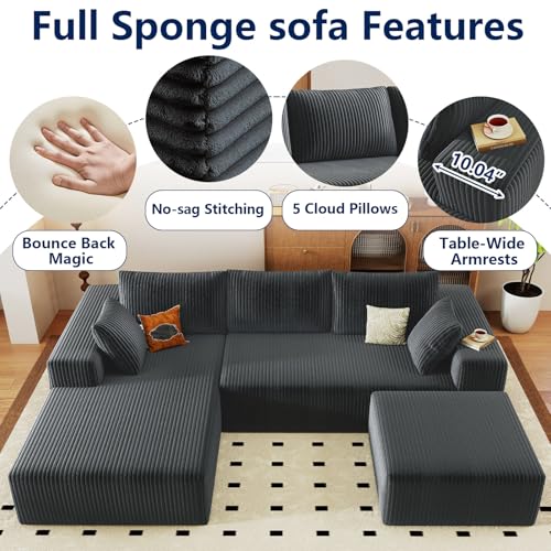 Image of 96 inch Modular Sectional Sofa with Ottoman, Modern Corduroy Cloud Couch with Deep Seat, Boneless Couch Upholstered 3-Seater U-Shaped Sofa for Living Room, No Assembly (Grey, Left-Facing Chaise)