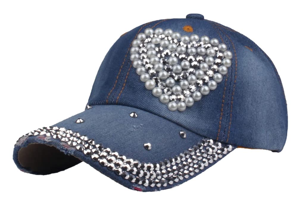 RungionShiny Baseball Cap for Women Pearl Loving Heart Chic Denim Hats Bling Metal Sun Hat Skullcap Adjustable Comfy Outdoor