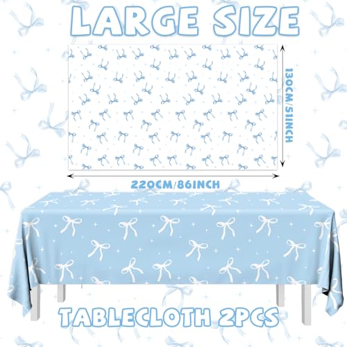Image of 2Pcs Blue Bow Tablecloth,Coquette Birthday Decorations Bow Theme Plastic Table Cover Blue Bow Rectangle Tablecloth for Girls Women Bachelorette Baby Shower Party Decor
