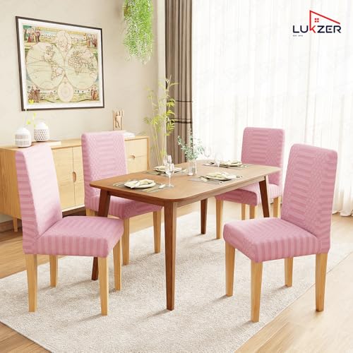 Image of Lukzer Elastic Dining Chair Cover - 6PC Pastel Pink Dotted Stripe | Textured High Stretch Jacquard Seat Cover | Removable Washable Short Dining Chair Cover Protector Seat Slipcover | (CC-068-06)