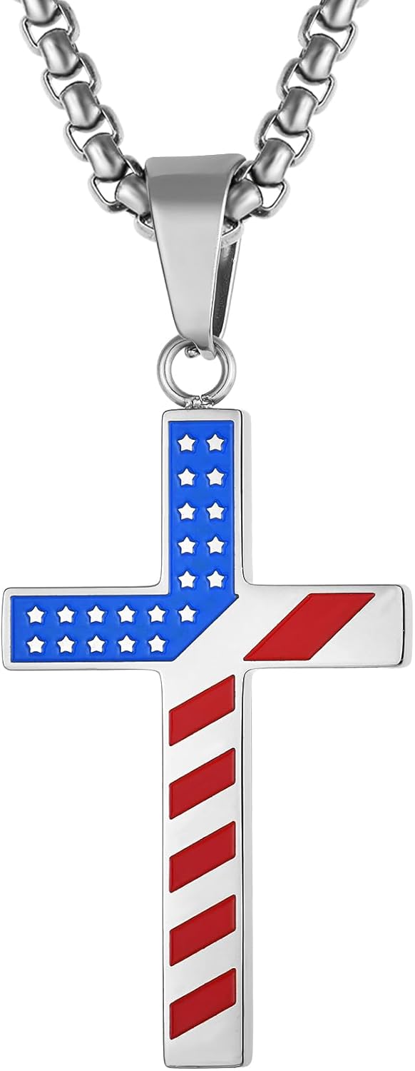 Mens American Flag Cross Stainless Steel Pendant Necklace, Religious Patriotic Crucifix Jewelry, with 24" Rolo Chain