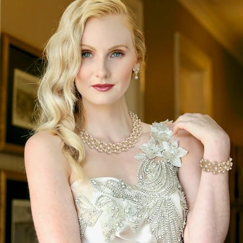 EVER FAITH Austrian Crystal Bridal Cream Simulated Pearl Leaf Luxury Necklace Earrings Bracelet Set3