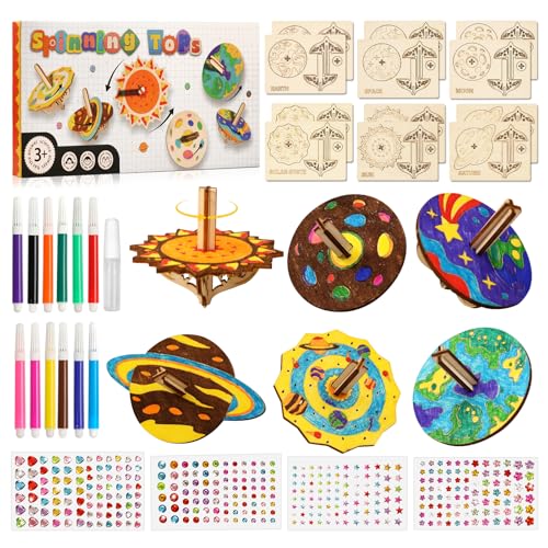 Toupie en Bois Kits,Toupies Jouets En Bois De Loisir Creatif Enfant,Systeme Solaire Planete Peinture Bricolage Cadeau Anniversaire Activites Manuelles Pour...