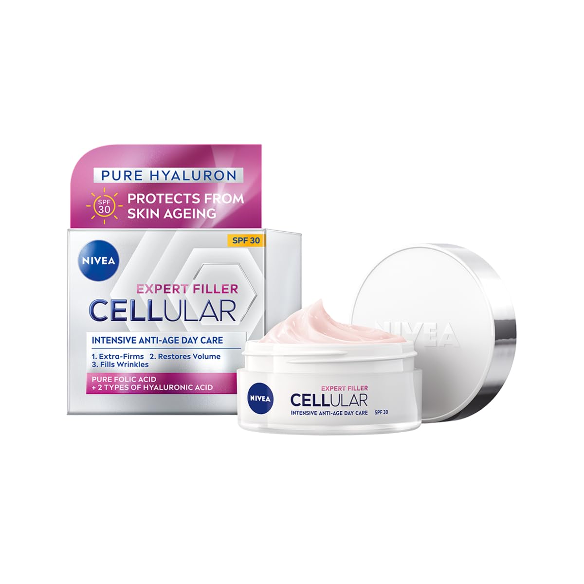 NIVEA Cellular Expert Filler Yoğun Yaşlanma Karşıtı Gündüz Bakım Yüz Kremi 50 ml, Hyaluronik Asit ve Folik Asit, SPF30 Güneş Koruması