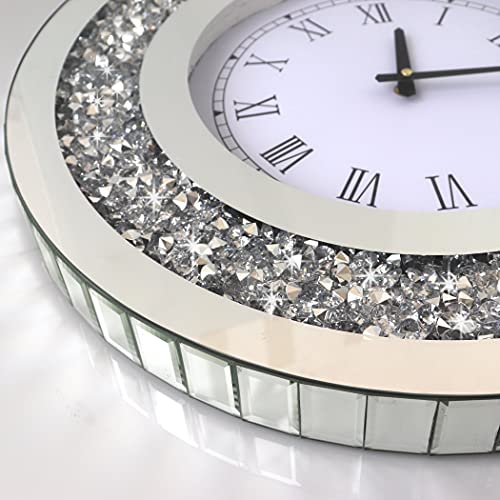 Dmdfirst Silver Round Mirror Clock Crystal Sparkle Twinkle Bling Crush Diamond Mirrored Large Wall Clock For Wall Decoration Silver Glass Mirror Home Décor. Aa Battery Is Not Included. #TOP2