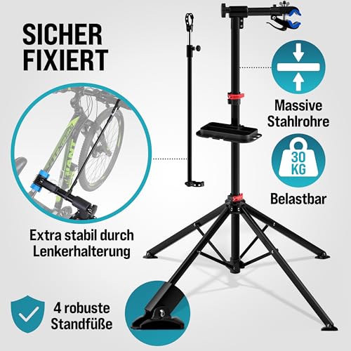 MONZANA® Fahrradmontageständer 30 kg mit Drehmomentschlüssel 1/4 Zoll Set Profi klappbar Tragetasche Reifenheber 1-25 Nm Bitset Transportbox