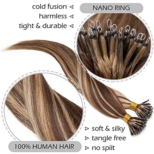 Elailite Hair Extensions Real Human Hair Nano Ring Nano Beads Hair Extension 50 Strands 50g Cold Fusion Straight Balayage (#4/27 Medium Brown Mix Dark Blonde - Image 3