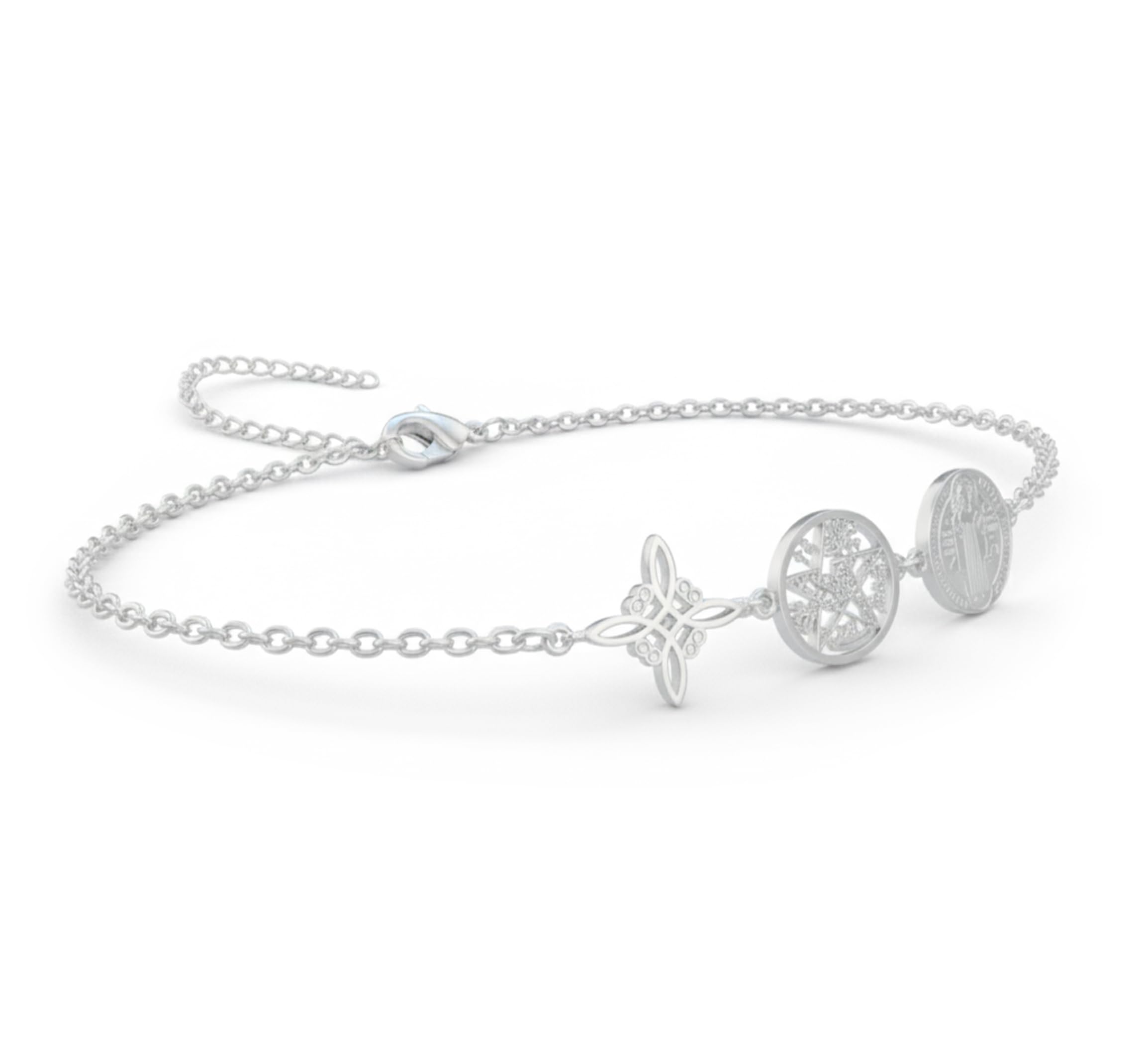 Only faith Pulsera Triple Protección con Nudo de bruja, Tetragramaton y Medalla de San Benito, Acero Inoxidable 316L, 17cm Ajustable, Cadena 1mm, Amuleto Esotérico, Dorado y Plateado