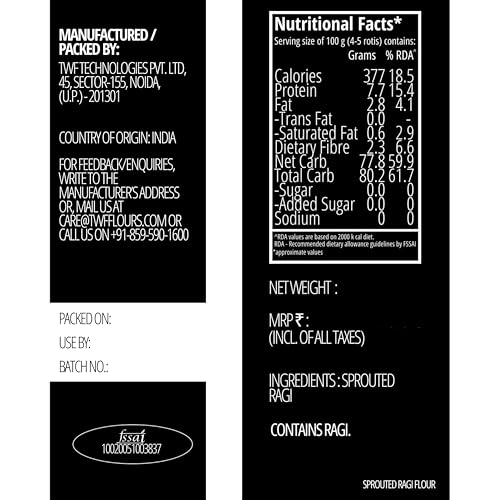 Image of TWF Sprouted Ragi Flour | Naturally Solar Dried | Sprouted Finger Millet Flour | Nachni Atta | High Protein | No Additives or Preservatives (500g)