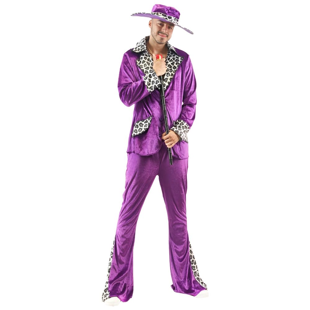 EraSpooky Traje de proxeneta para hombre traje de proxeneta de terciopelo para adulto con estampado de leopardo atuendo retro de los años 70 atuendo de discoteca