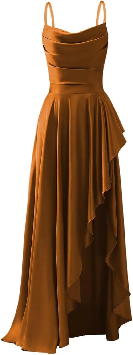 Women's Satin Bridesmaid Dresses for Wedding Pleated Cowl Neck Formal Party Dress with Pockets SN030