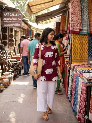 Image of Women's Elephant Print Short Kurti | Maroon and White | Round Neck, 3 /4 Sleeve, Casual Wear - Size, M