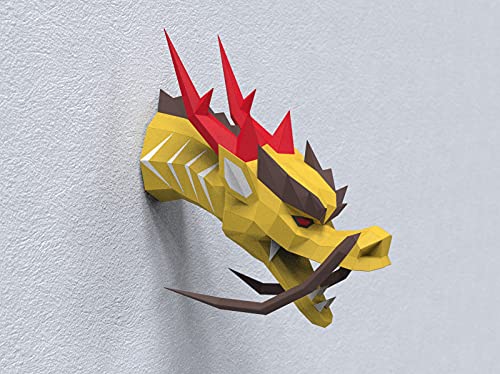 Chinese Dragon Head Paper Sculpture,Pre-cut DIY Papercraft Kit,Handmade Mythical animal Figurine, Color,Low Poly Wall Decor,All Accessories Included