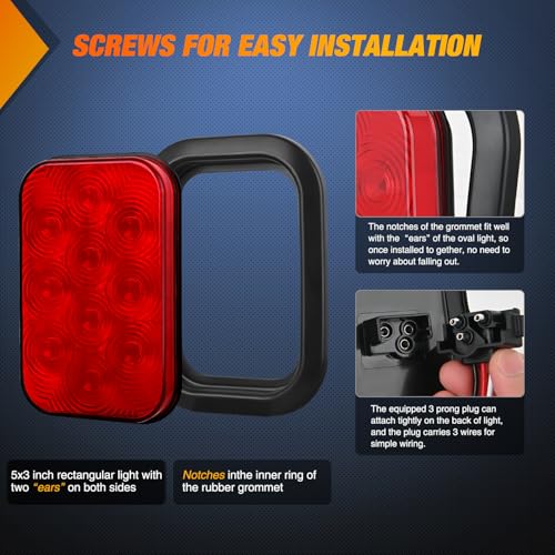 Image of Nilight 5 inch X 3 inch Rectangular Trailer Tail Light 2 PCS Red 10 LED