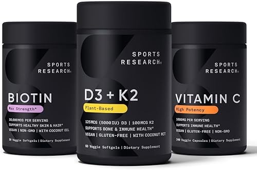 Sports Research Vitamina D3 5000iu K2 100mcg, biotina vegana 10,000mcg con aceite de coco y suplemento de vitamina C de alta potencia 1000mg
