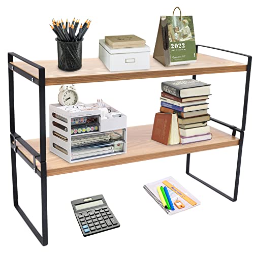 Small Bookshelf 2 Tier Desk Shelf Organizer Rack Desktop Bookshelf Industrial Wood Display Shelf Bookcase Storage Shelves Metal Book Shelf For Living Room, Bedroom Office Desk Dorm Desktop Organizer #TOP14