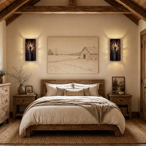 Image of Rustic Wall Sconces Set of 2, Hardwired Matte Black Metal Tree Shadow Industrial Wall Light Fixtures, 1-Light E26 for Bedroom Hallway Cabin