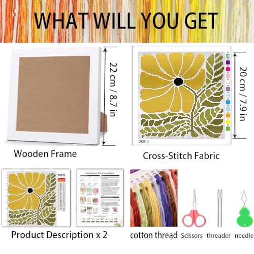 Image of Flower Stamped Cross Stitch Kits for Adults Beginners with Wooden Frame
