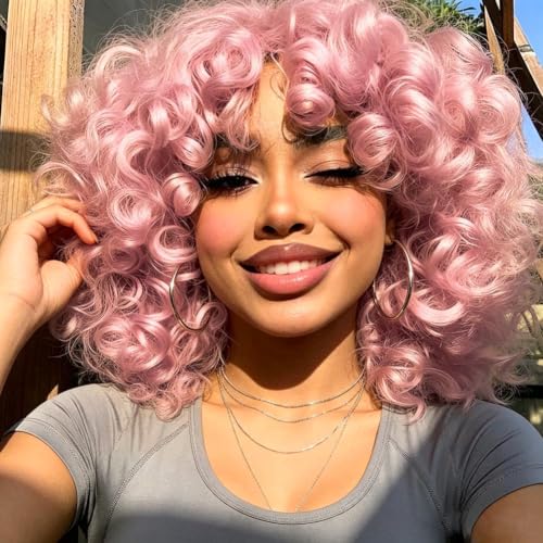 AIDUSA Curly Wig with Bangs Pink Wigs for Women Short Bob Wigs Loose Synthetic Hair (Pink)